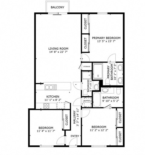 Floor plan for 3 beds, 3 baths, 1388 sqft